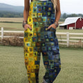 Women's  Vintage Abstract Geometric Art Print Casual 100% Cotton Wide Leg Jumpsuit