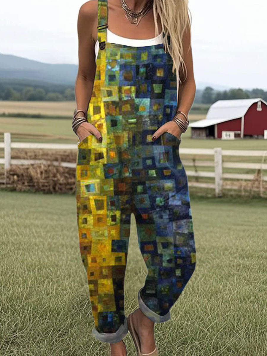 Women's  Vintage Abstract Geometric Art Print Casual 100% Cotton Wide Leg Jumpsuit