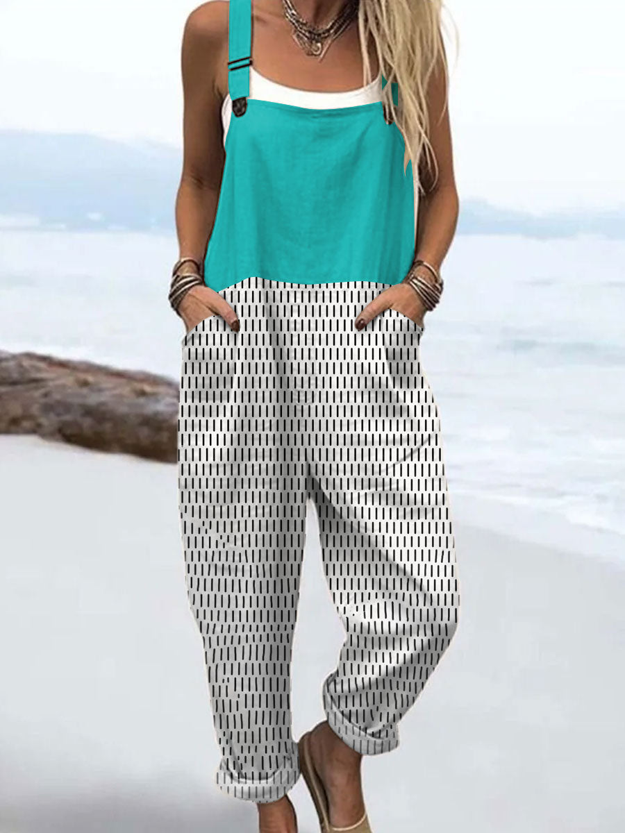 Women's Vintage Abstract Geometric Art Print Casual 100% Cotton Wide Leg Jumpsuit