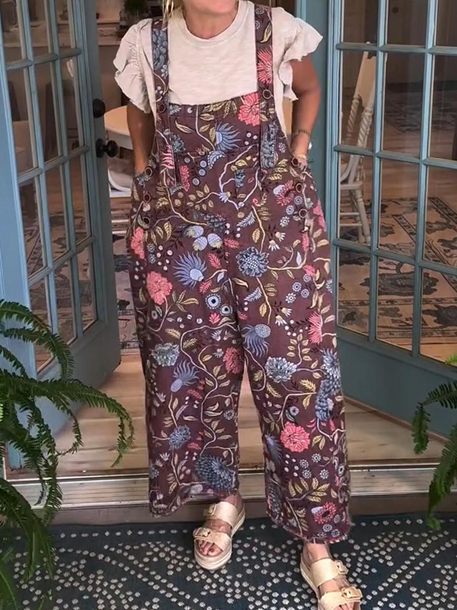 Women's Loose Floral Print Cotton Jumpsuit