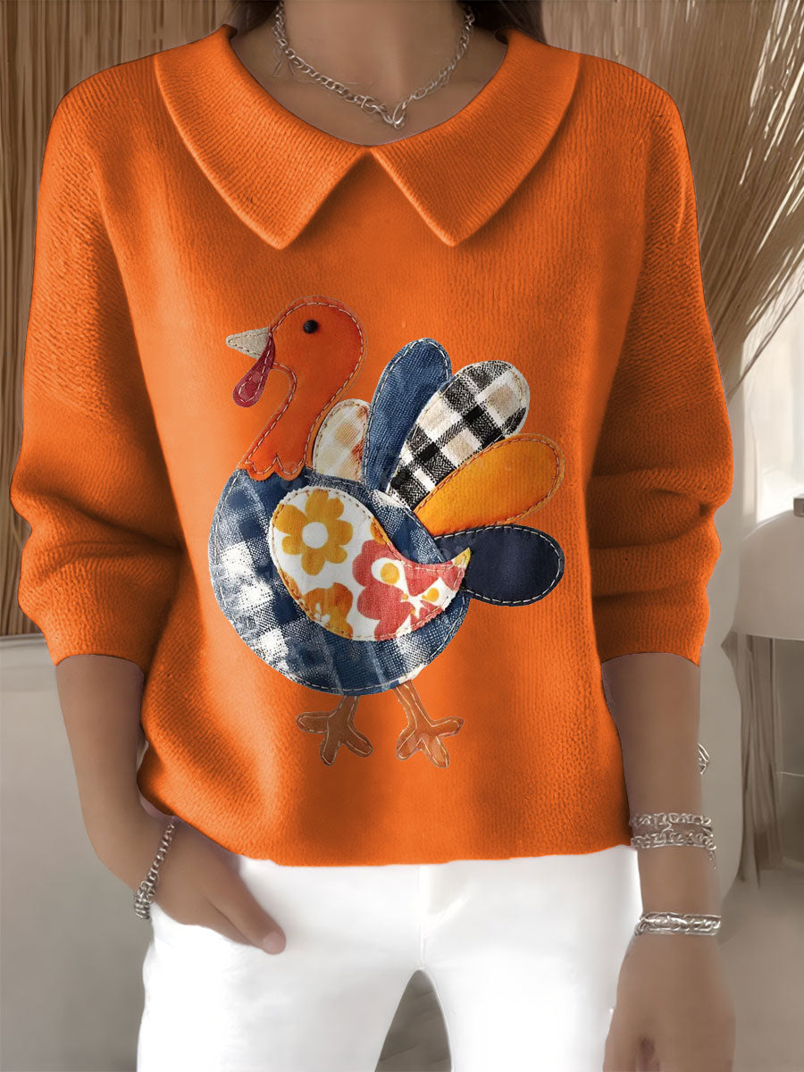 Women's Patchwork Turkey Retro Thanksgiving Turkey Seas Print Casual Peter Pan Collar 3/4 Sleeve Sweater