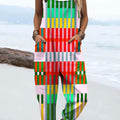 Women's Vintage Abstract Geometric Line Art Print Casual 100% Cotton Wide Leg Jumpsuit