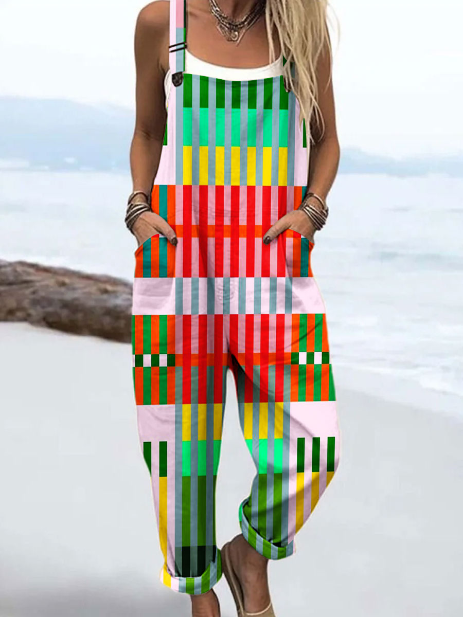 Women's Vintage Abstract Geometric Line Art Print Casual 100% Cotton Wide Leg Jumpsuit