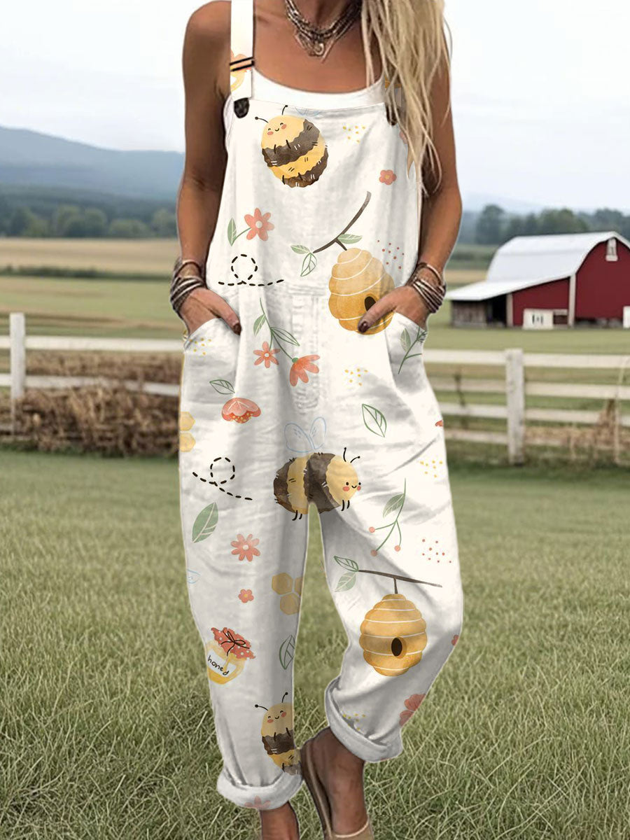 Women's  Funny Bee Art Print Casual 100% Cotton Wide Leg Jumpsuit