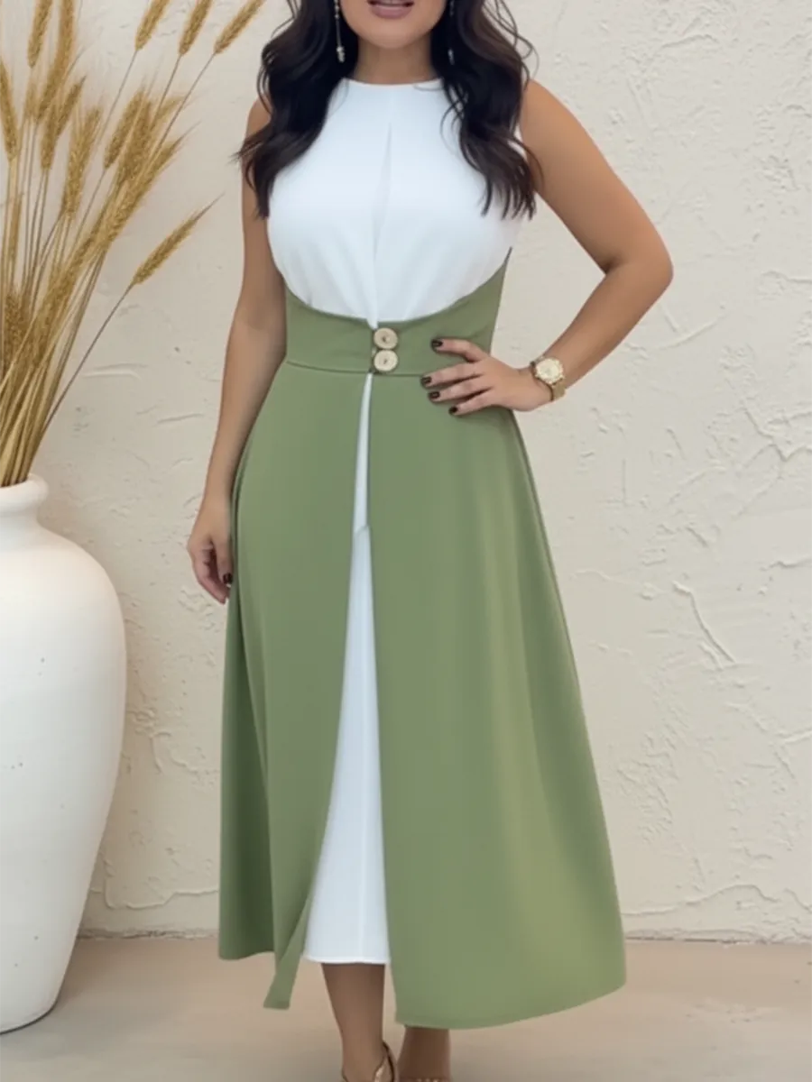 Elegant and fashionable fake two-piece color-blocked midi dress