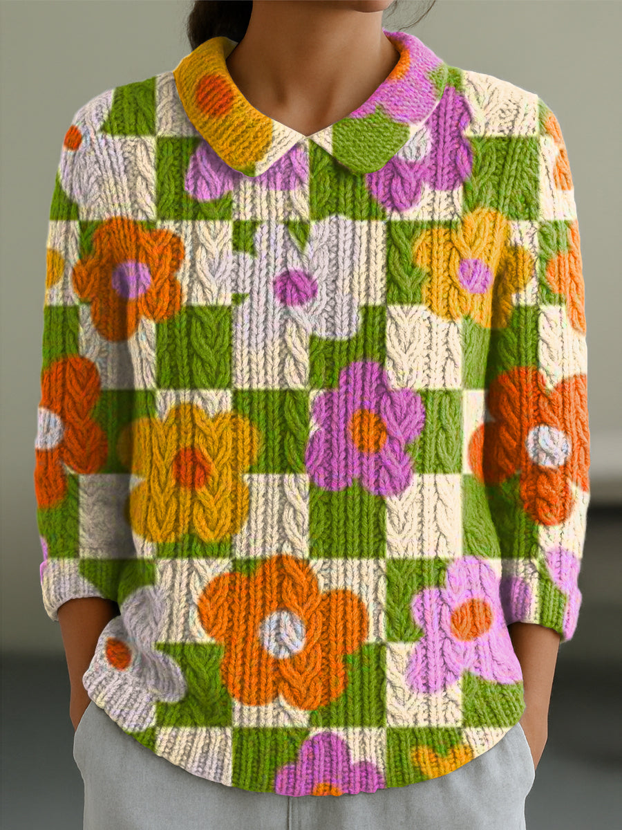 womens-colorful-floral-plaid-art-print-casual-peter-pan-collar-3-4-sleeve-sweater