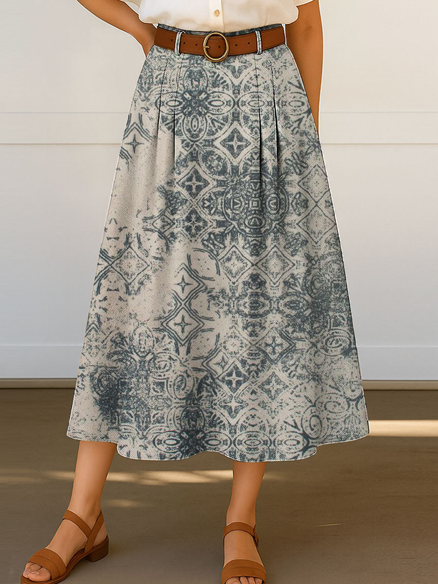 Women's Retro Pattern Print High Waist Casual A-Line Skirt