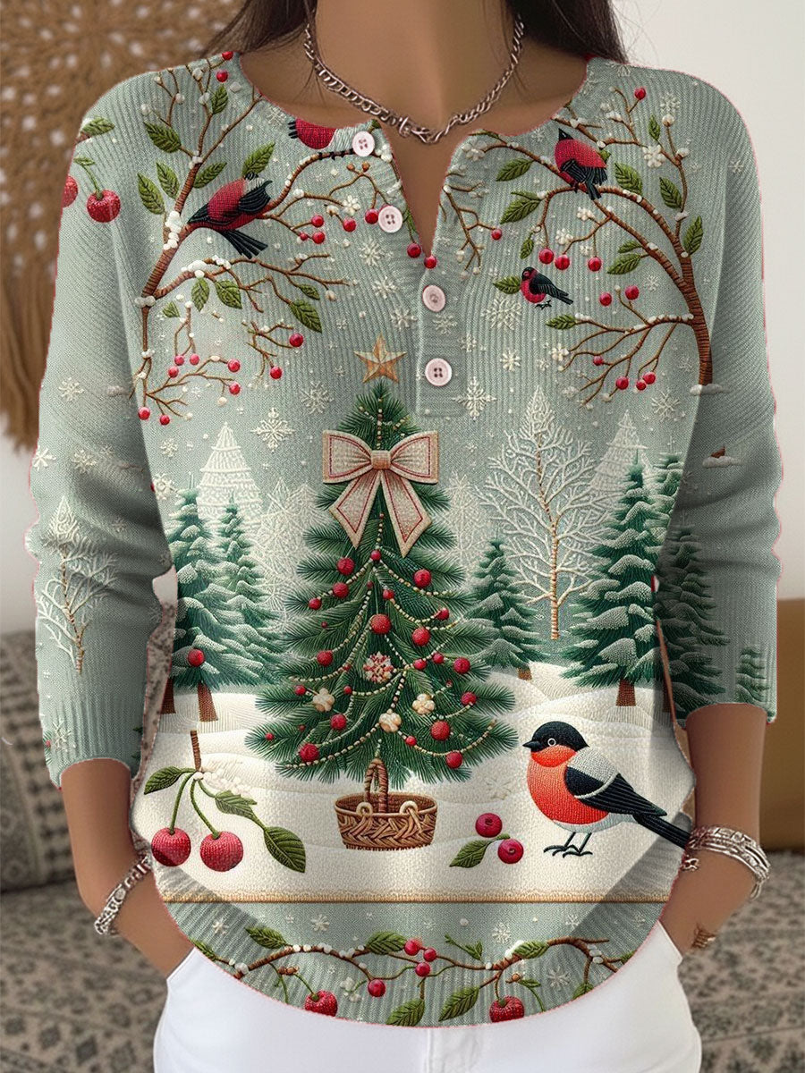 Vintage  Christmas Art Print Buttoned Cardigan Sweater