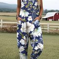 Women's  Vintage Flower Art Print Casual 100% Cotton Wide Leg Jumpsuit