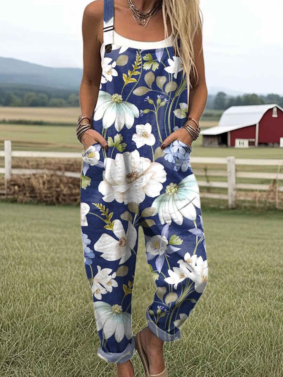 Women's  Vintage Flower Art Print Casual 100% Cotton Wide Leg Jumpsuit
