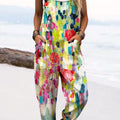Women's Vintage Floral Art Print Casual 100% Cotton Wide Leg Jumpsuit