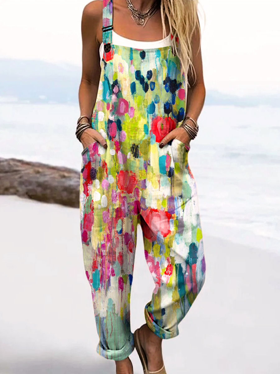 Women's Vintage Floral Art Print Casual 100% Cotton Wide Leg Jumpsuit