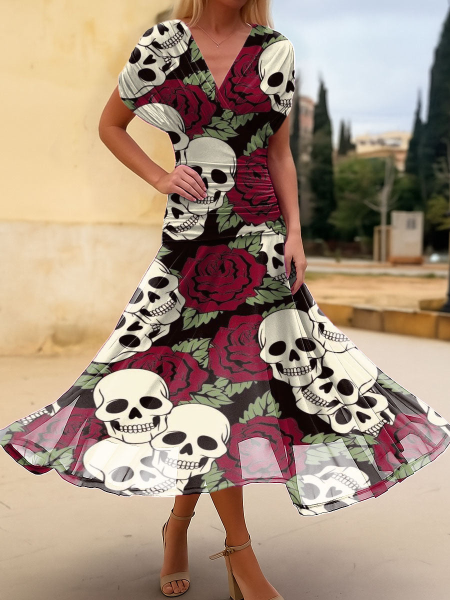Women's Rose Skull Print Cotton Dress