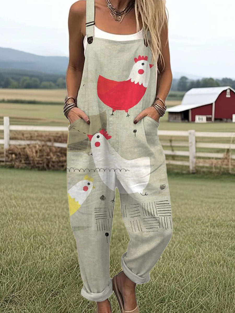 Women's  Funny Chicken Art Print Casual 100% Cotton Wide Leg Jumpsuit