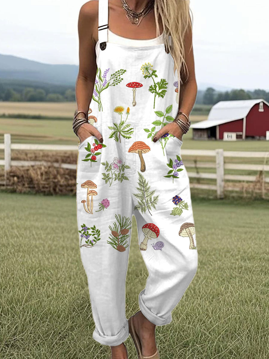 Women's  Forest Botanical Library Vintage Art Print Casual 100% Cotton Wide Leg Jumpsuit