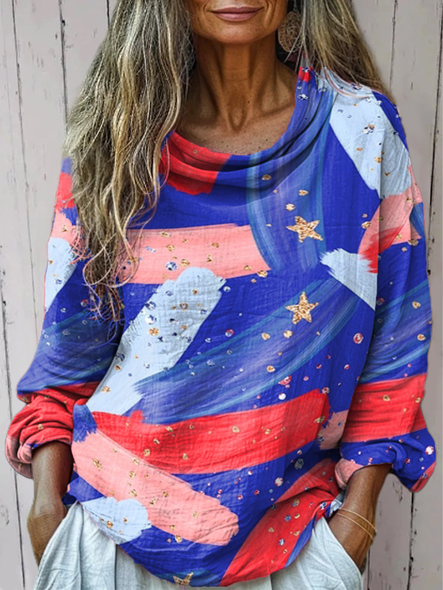 Women's Oil Painting Brush Stars Print Casual Long Sleeve Comfortable Cotton Shirt