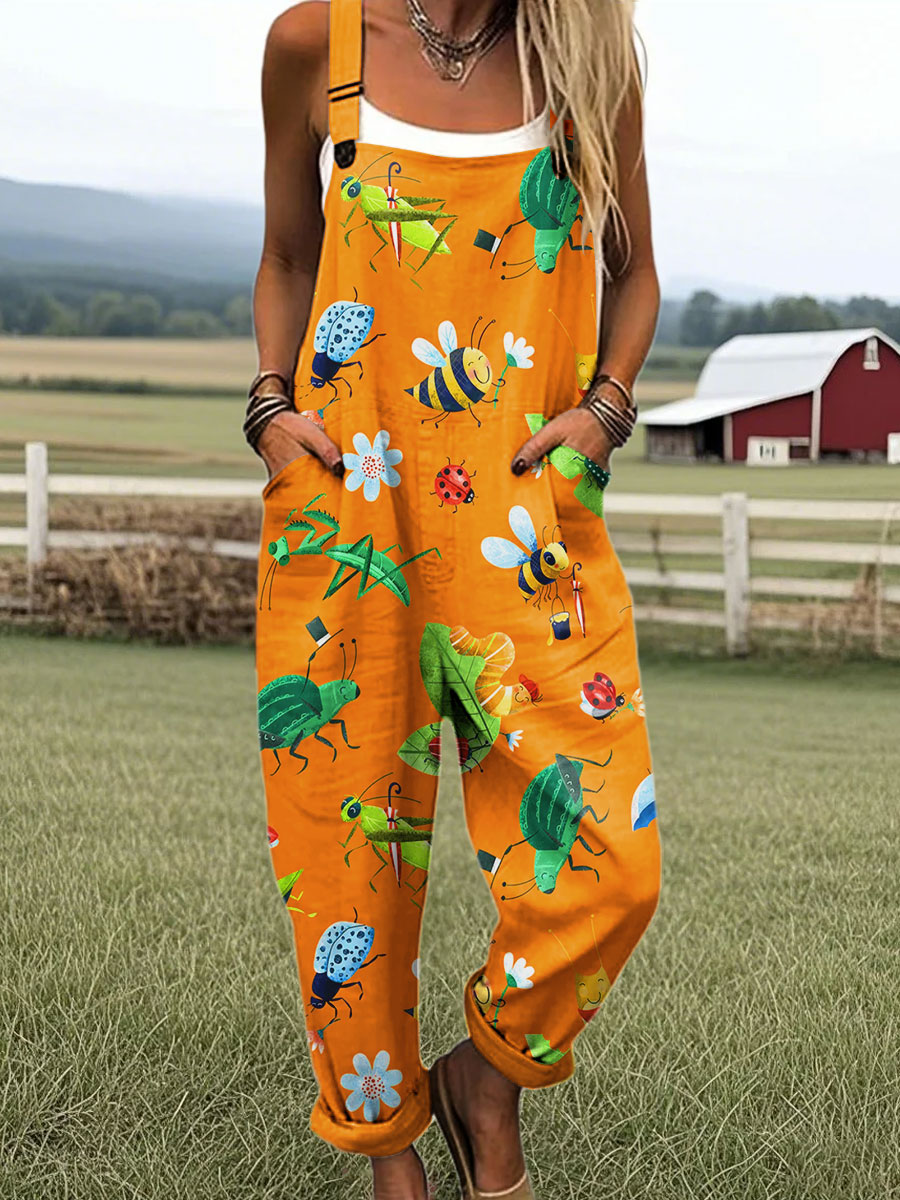 Women's Abstract Insect Pattern Art Print Casual 100% Cotton Wide Leg Jumpsuit