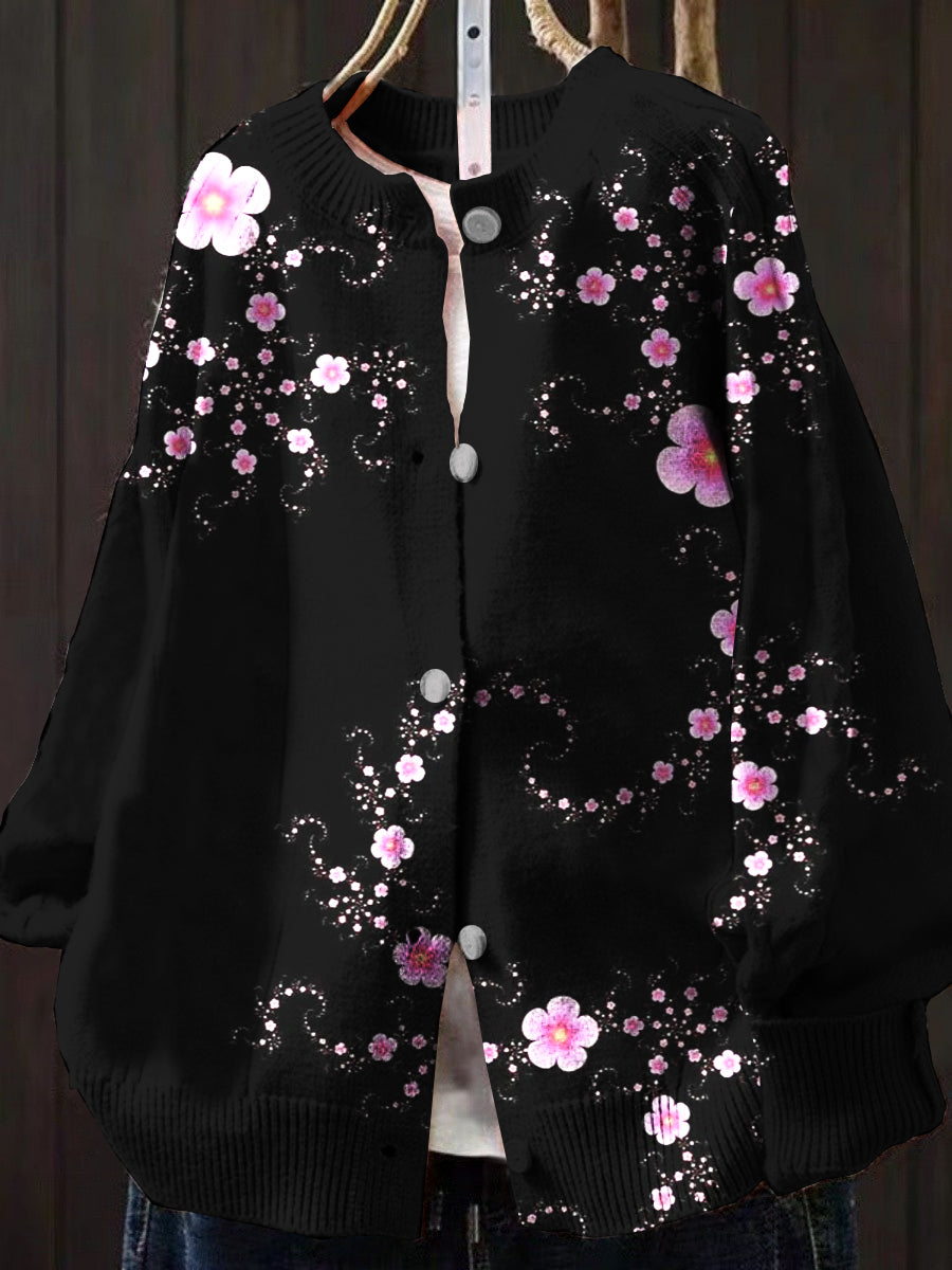 Vintage Floral Print Buttoned Cardigan Sweater