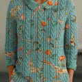 Pull femme vintage à imprimé floral et oiseaux, col Claudine, manches 3/4