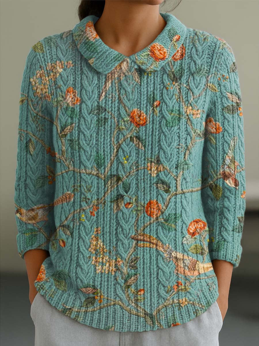 womens-vintage-floral-birds-art-print-casual-peter-pan-collar-3-4-sleeve-sweater