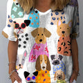 Chemise décontractée en coton et lin à imprimé chiot de dessin animé coloré minimaliste pour femme 