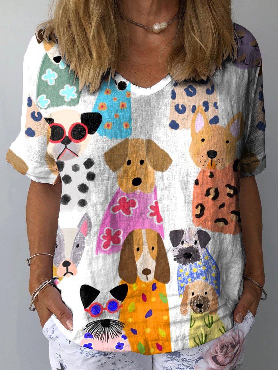 Women's Minimalist Colorful Cartoon Puppy Print Casual Cotton And Linen Shirt