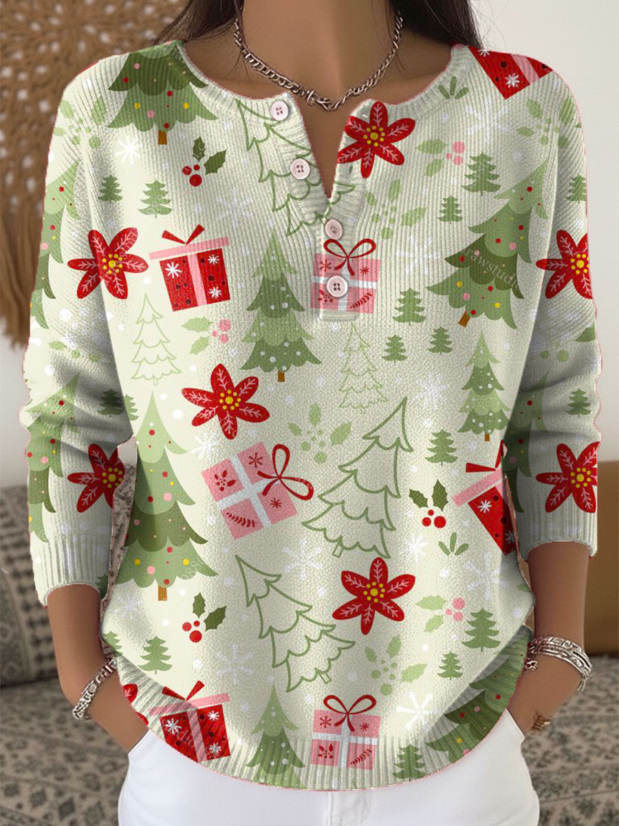 Women's Christmas Tree Art Print Buttoned Cardigan Sweater
