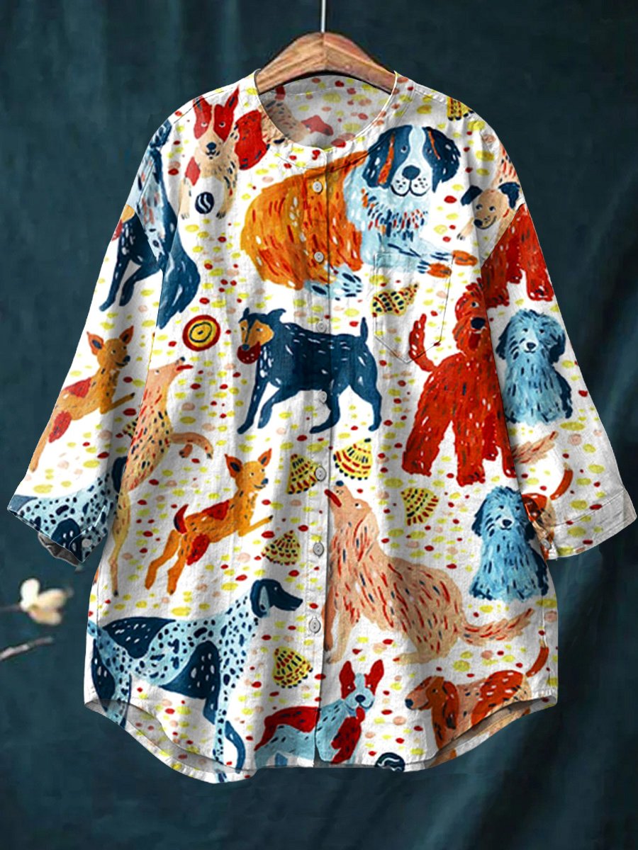 Women's Dog Art  Print Casual Cotton And Linen Shirt