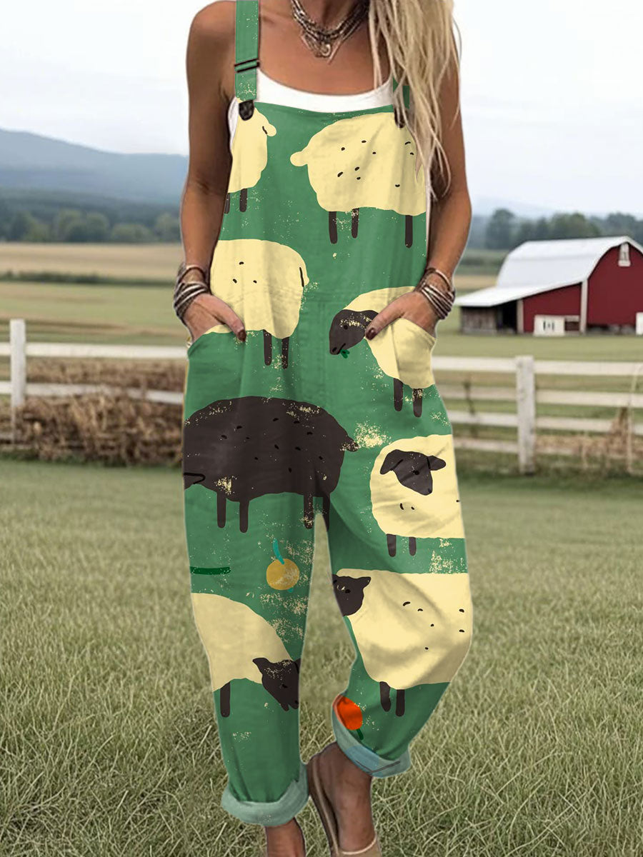 Women's  Funny Sheep Art Print Casual 100% Cotton Wide Leg Jumpsuit