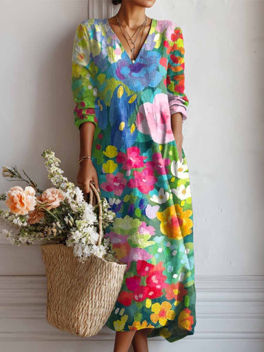 Women's Lovely Floral Art Print Casual Cotton And Linen Pocket Dress