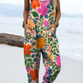 Women's Vintage Floral Art Print Casual 100% Cotton Wide Leg Jumpsuit
