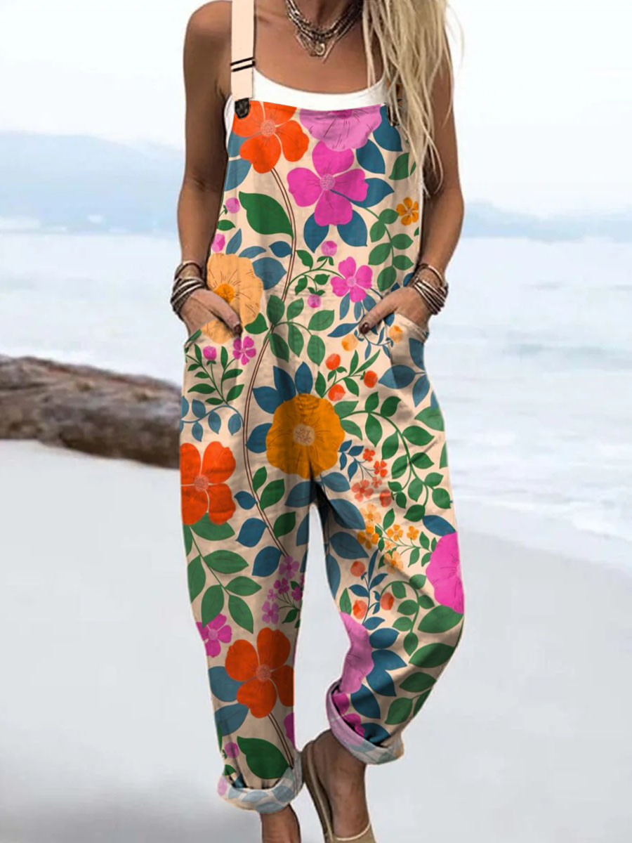 Women's Vintage Floral Art Print Casual 100% Cotton Wide Leg Jumpsuit