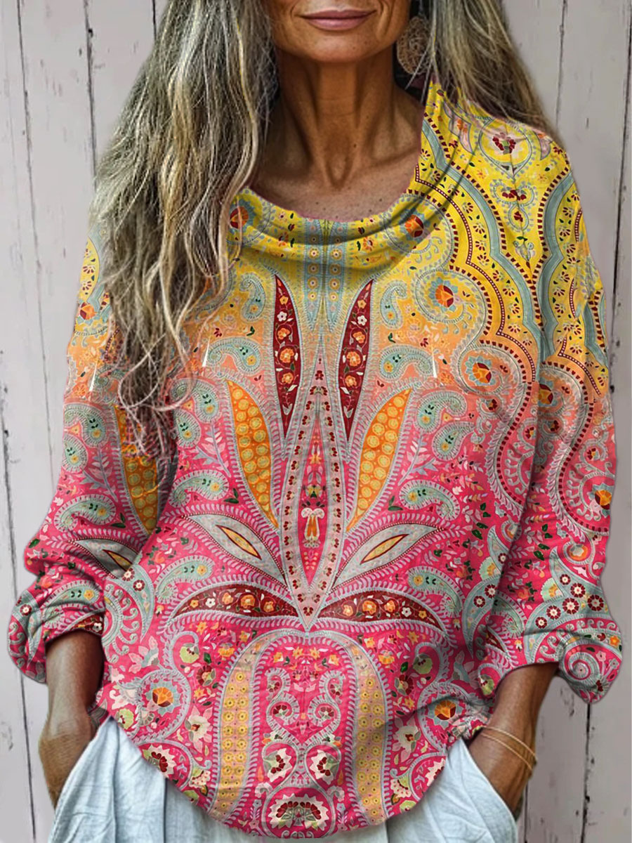 Women's  Vintage Cashew Flower Art Print Casual Long Sleeve Comfortable Cotton Shirt