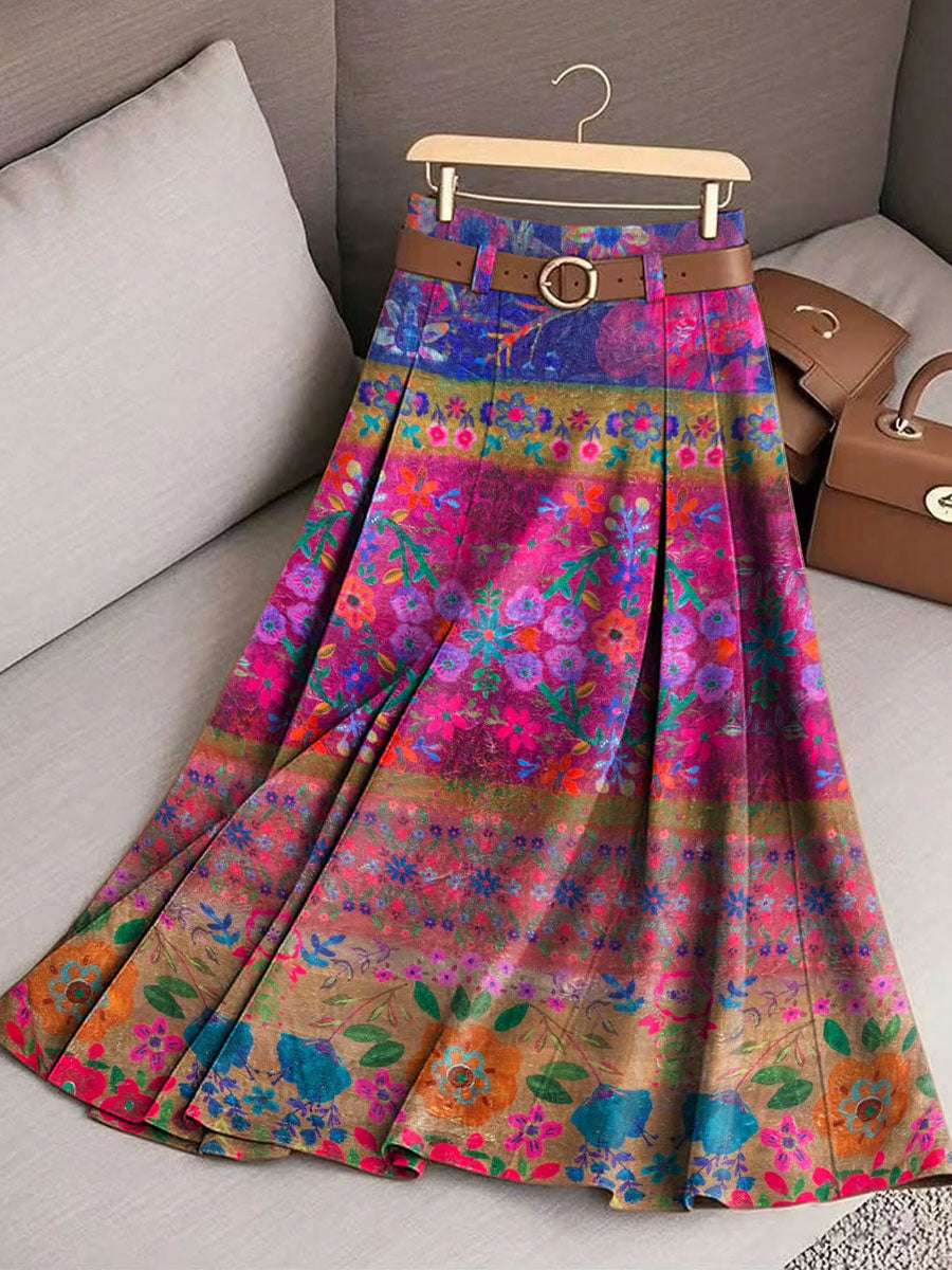 Women's Retro Boho Flowers Pattern Casual Print Cotton Skirt