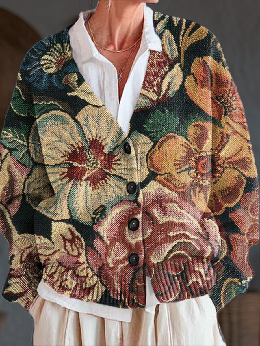 vintage-large-flower-painting-art-print-buttoned-v-neck-cardigan-sweater
