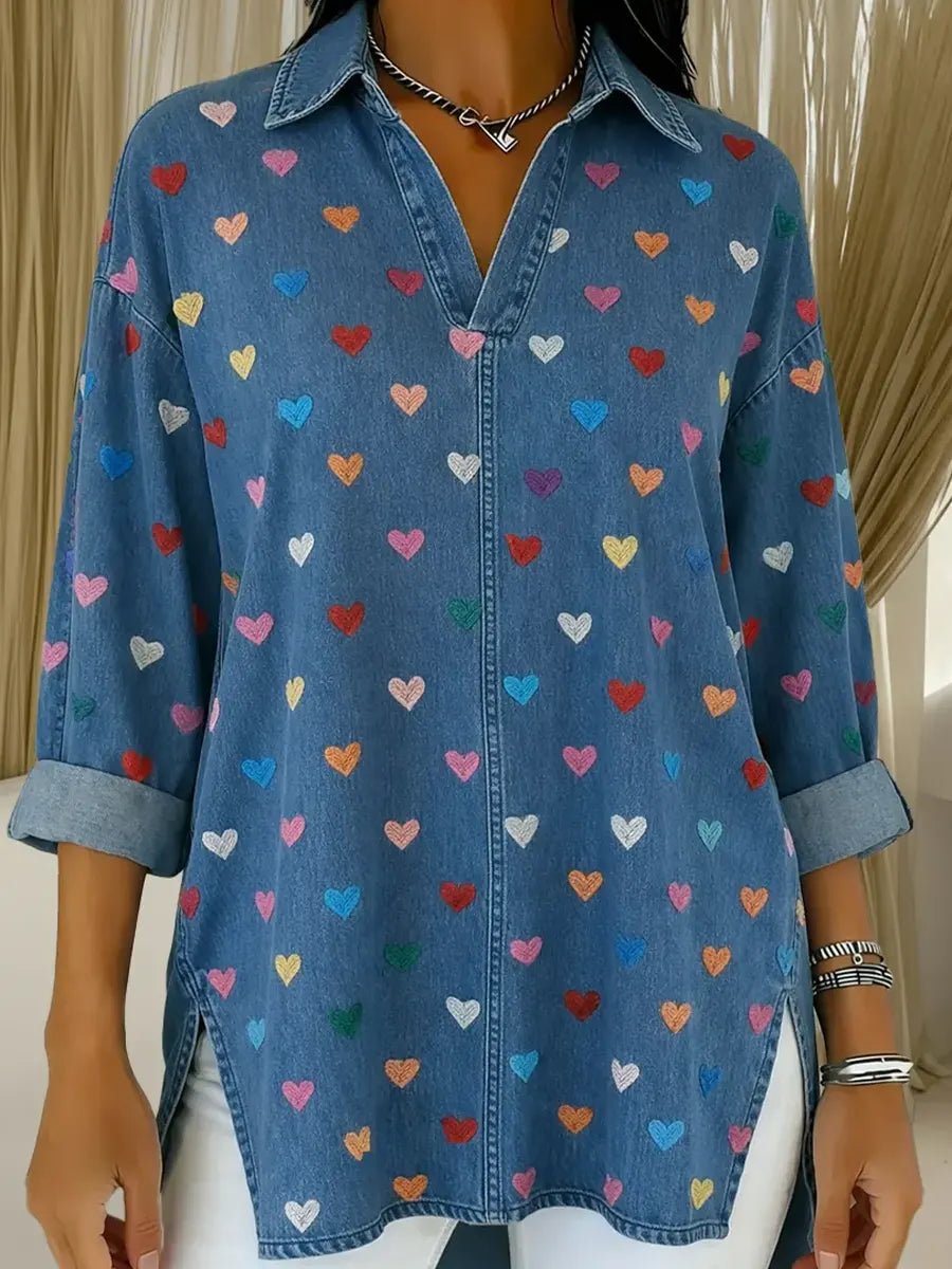 Women's Heart Casual Washed Denim Cotton Top