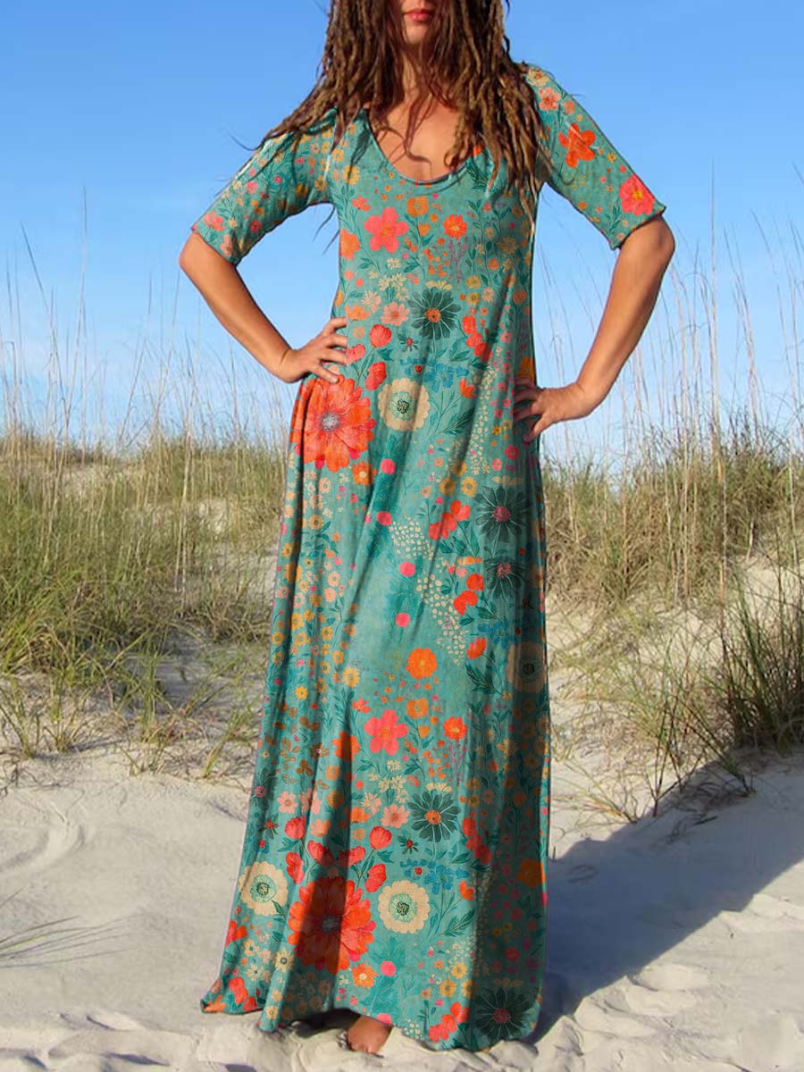 Women's Round Neck Vintage Floral Print Short Sleeve Dress