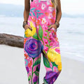 Women's Floral Art Print Casual 100% Cotton Wide Leg Jumpsuit