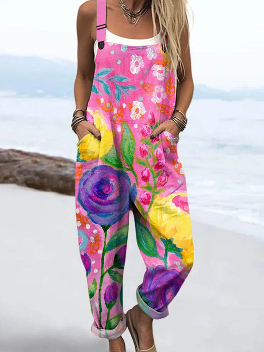 Women's Floral Art Print Casual 100% Cotton Wide Leg Jumpsuit