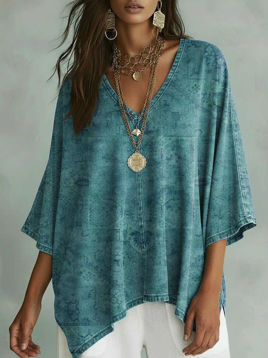 Women's Vintage Pattern Art Print Casual Bat Sleeve Denim Shirt