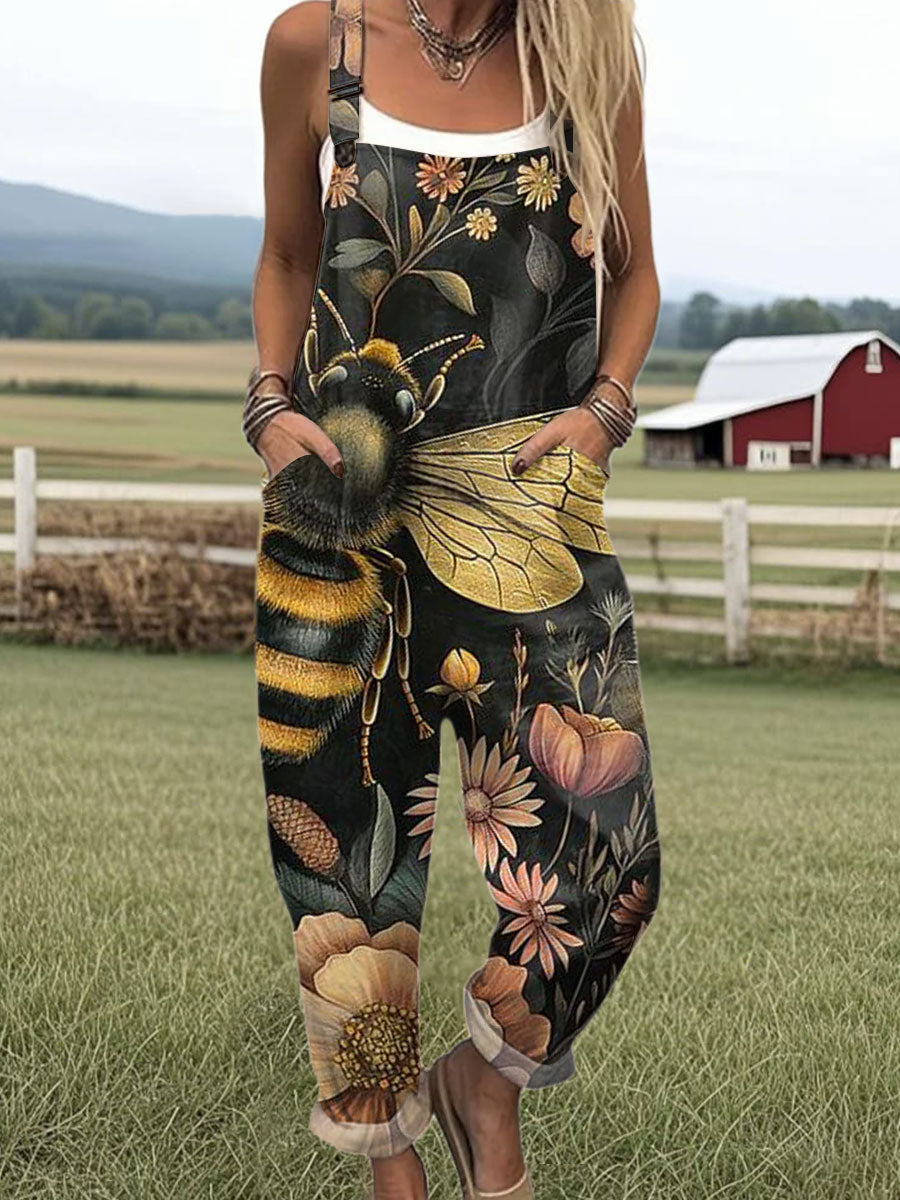 Women's  Funny Bee Flower Art Print Casual 100% Cotton Wide Leg Jumpsuit