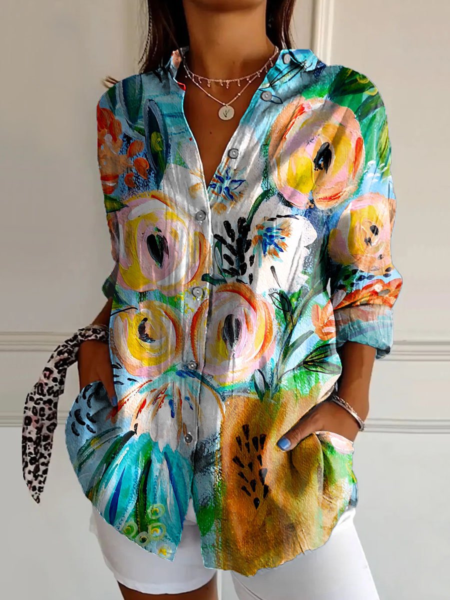 Women's Vintage Lovely Floral Art Print Casual Cotton Shirt