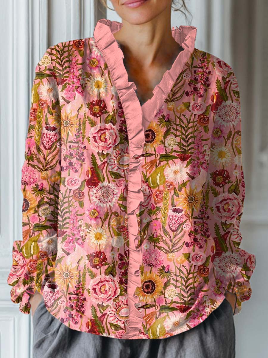Women's Vintage Floral Art Print Casual Cotton And Linen Ruffle Shirt