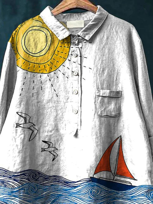 Sailing Little Boat Art Printed Women's Casual Cotton And Linen Shirt
