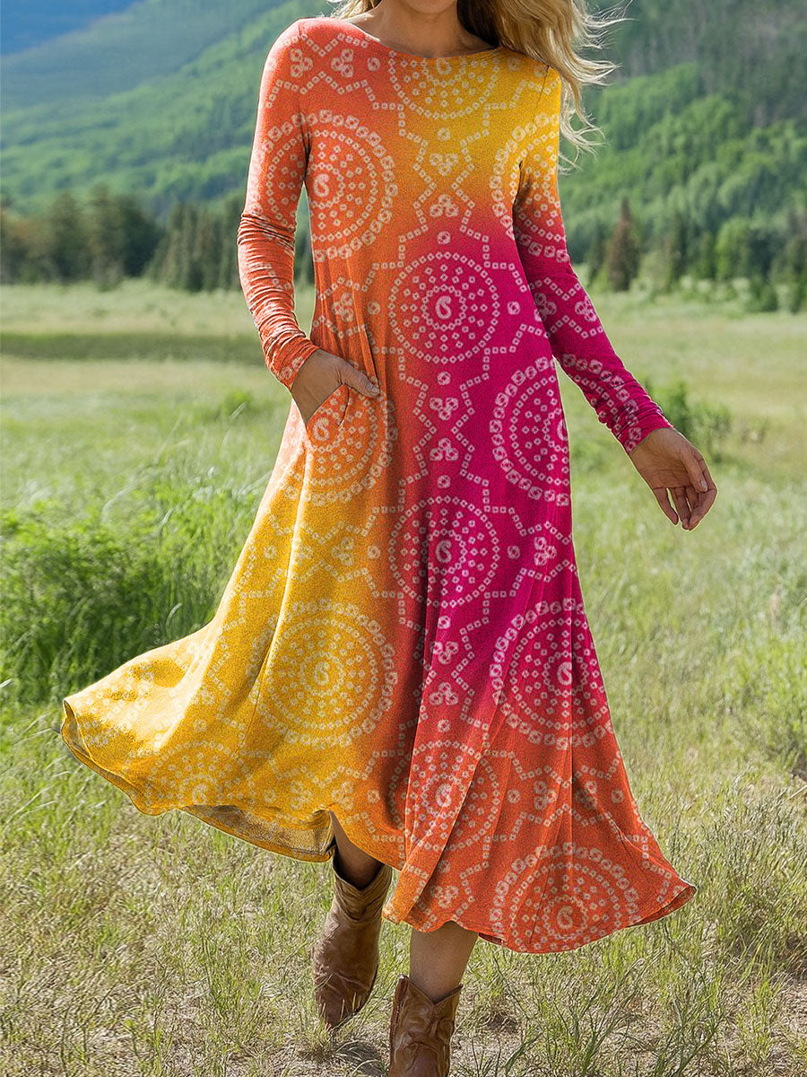 Women's Gradient Color Art Print Long-sleeved Dress
