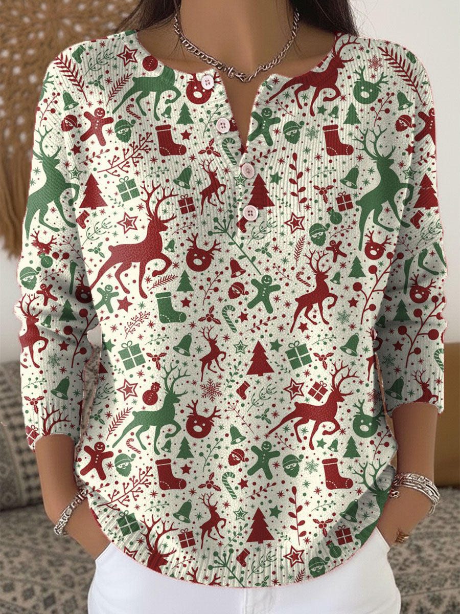 Vintage Christmas Art Print Buttoned Cardigan Sweater