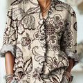 Women's Vintage Ethnic Floral Line Drawing Art Print Casual Cotton And Linen Ruffle Shirt