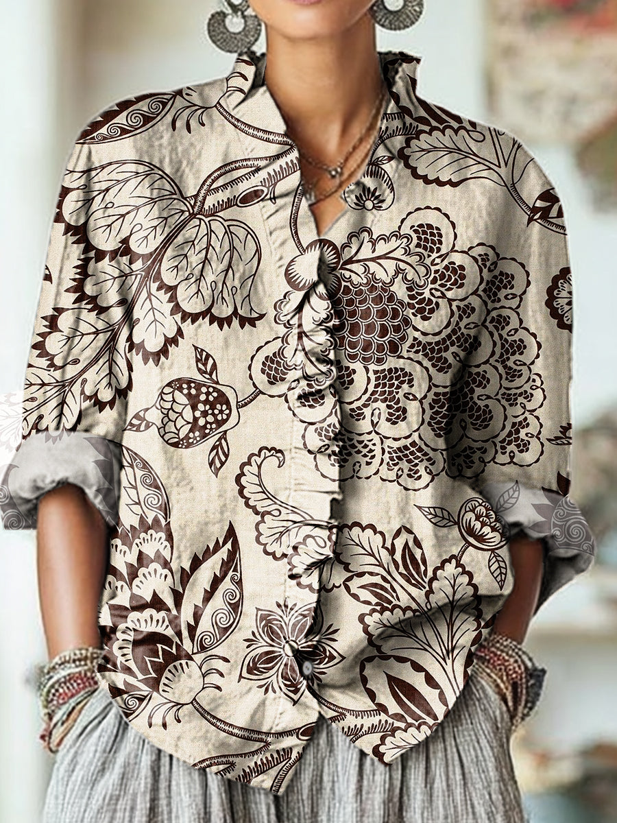 Women's Vintage Ethnic Floral Line Drawing Art Print Casual Cotton And Linen Ruffle Shirt