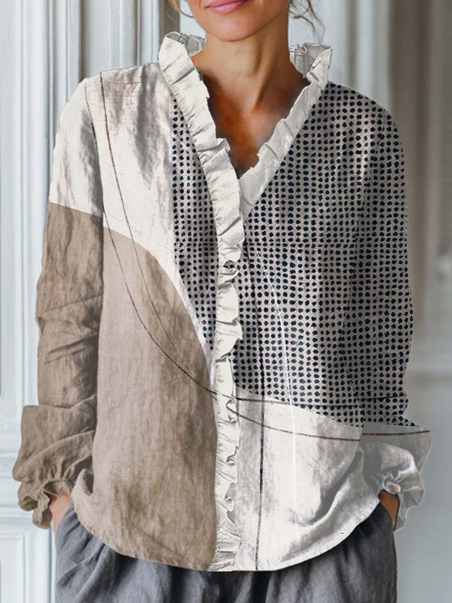 Women's Geometric Pattern Art Print Casual Cotton And Linen Ruffle Shirt