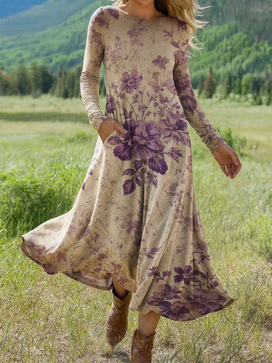 Women's Flowers Floral Art Print Long-sleeved Dress